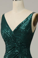 Load image into Gallery viewer, Dark Green Sequined Spaghetti Straps Prom Dress With Slit