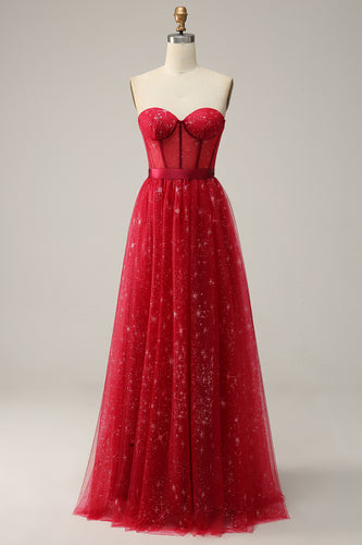 Strapless Red A Line Corset Prom Dress
