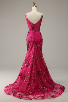 Hot Pink Spaghetti Straps Sequin Mermaid Corset Prom Dress