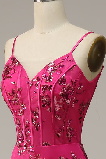 Hot Pink Spaghetti Straps Sequin Mermaid Corset Prom Dress