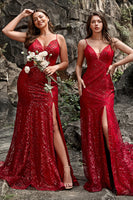 Load image into Gallery viewer, Dark Red Spaghetti Straps Mermaid Prom Dress with Slit