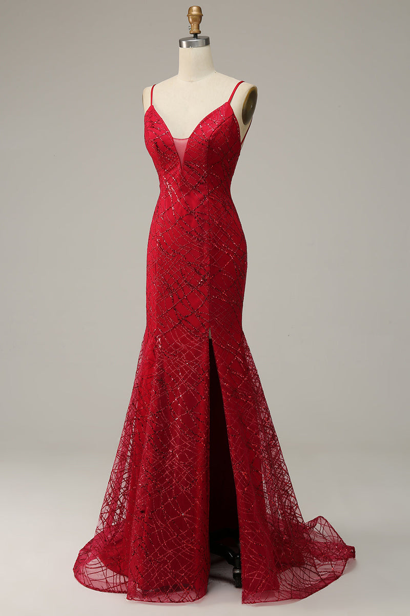 Load image into Gallery viewer, Dark Red Spaghetti Straps Mermaid Prom Dress with Slit