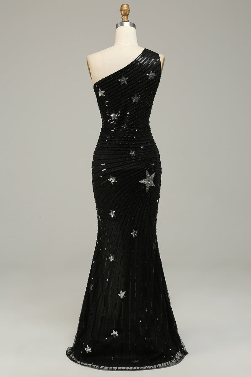 Load image into Gallery viewer, Mermaid One Shoulder Black Sequins Long Prom Dress with Star