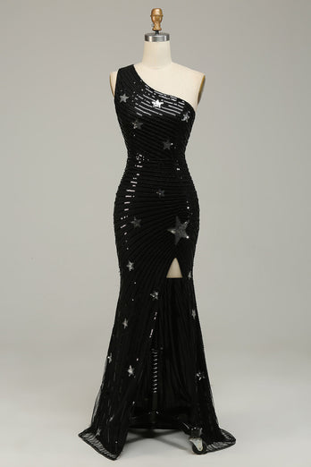 Mermaid One Shoulder Black Sequins Long Prom Dress with Star