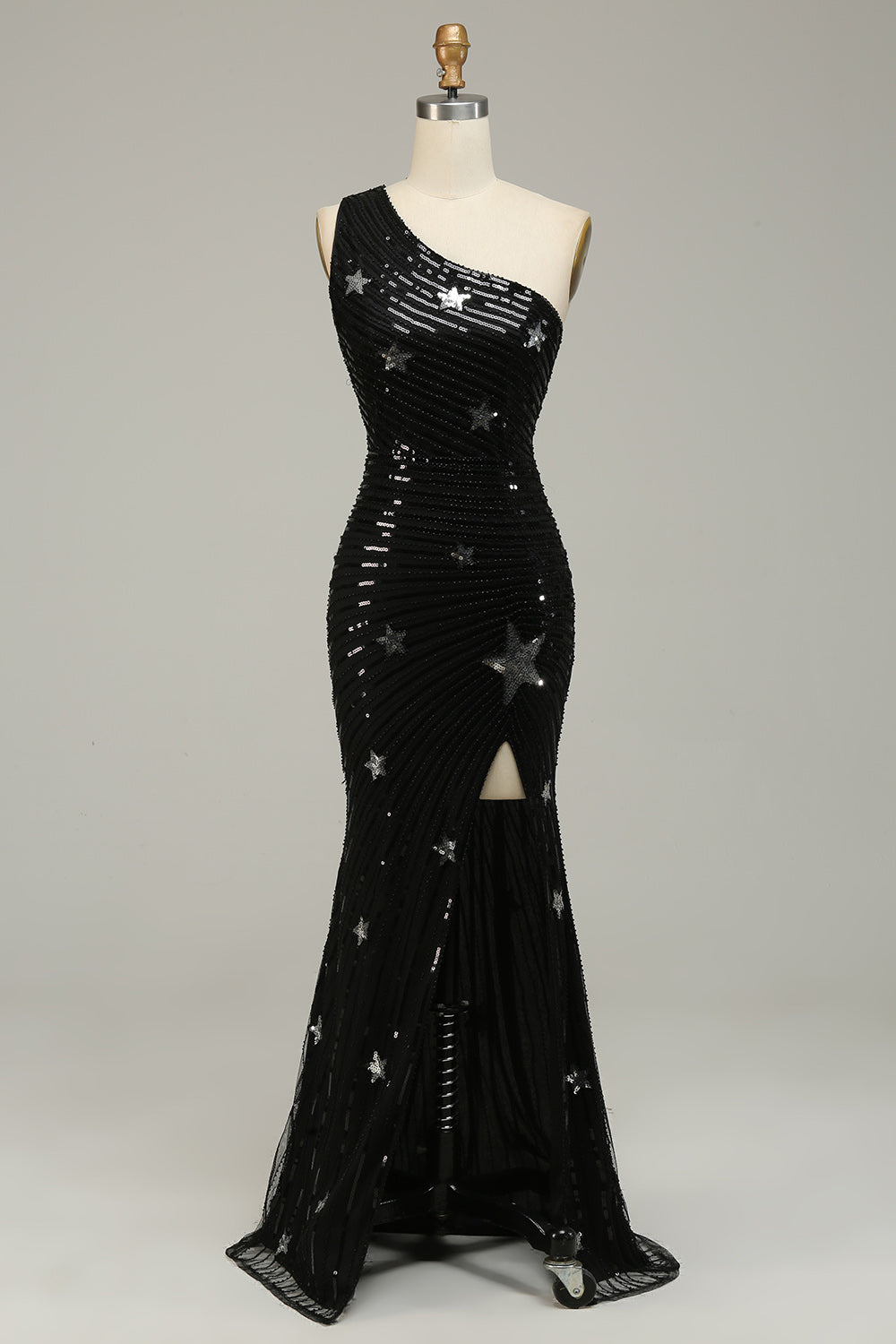 Mermaid One Shoulder Black Sequins Long Prom Dress with Star