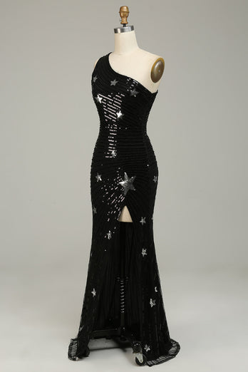 Mermaid One Shoulder Black Sequins Long Prom Dress with Star