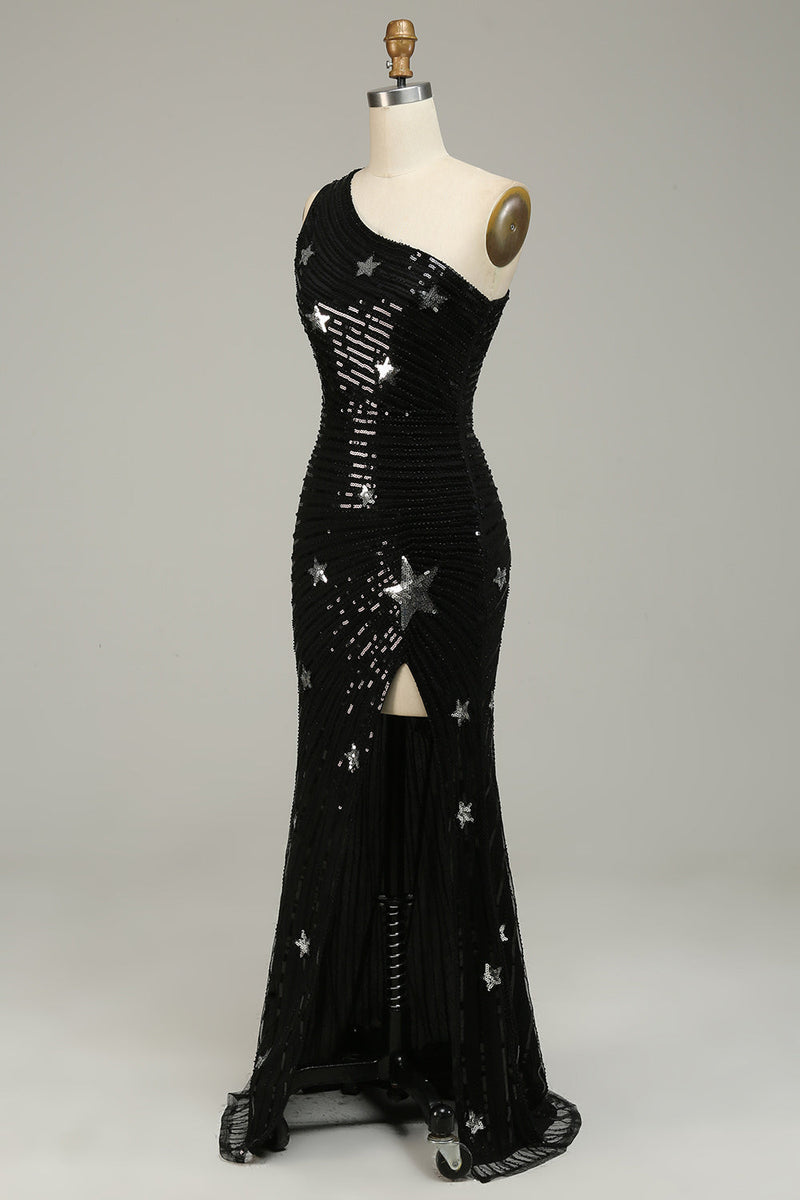 Load image into Gallery viewer, Mermaid One Shoulder Black Sequins Long Prom Dress with Star