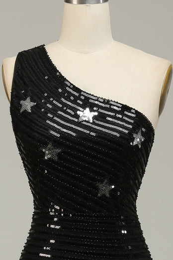 Mermaid One Shoulder Black Sequins Long Prom Dress with Star