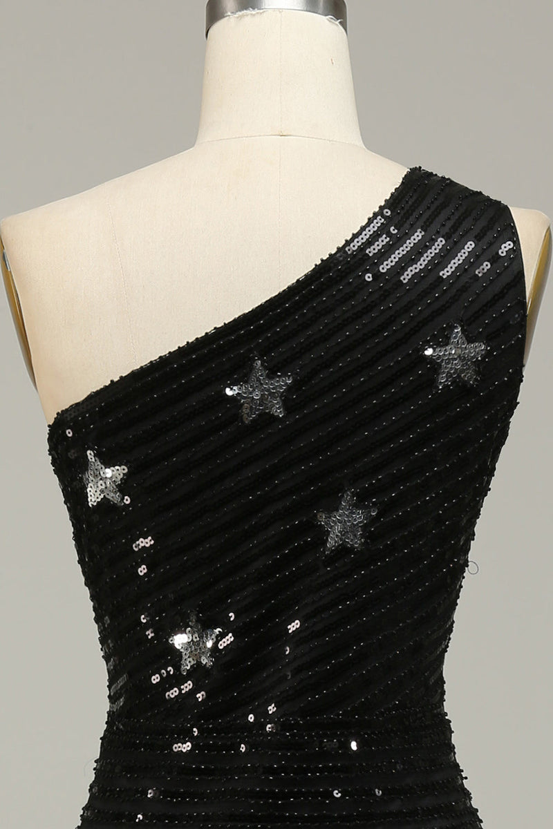 Load image into Gallery viewer, Mermaid One Shoulder Black Sequins Long Prom Dress with Star