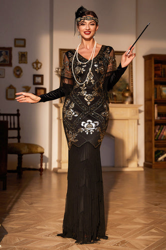 Sheath V Neck Black Sequins Long Sparkly Party Dress with Fringes
