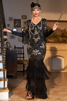Load image into Gallery viewer, Sheath V Neck Black Sequins Long Sparkly Party Dress with Fringes