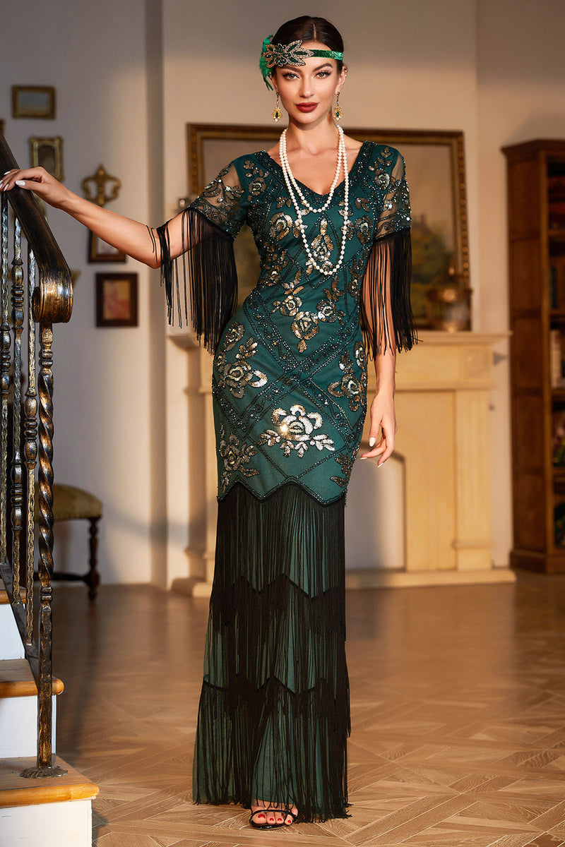 Load image into Gallery viewer, Sheath V Neck Dark Green Sequins Party Dress with Fringes