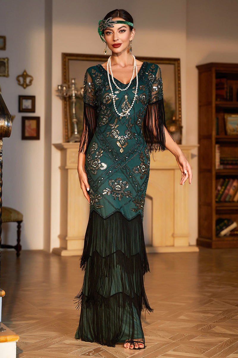 Load image into Gallery viewer, Sheath V Neck Dark Green Sequins Party Dress with Fringes