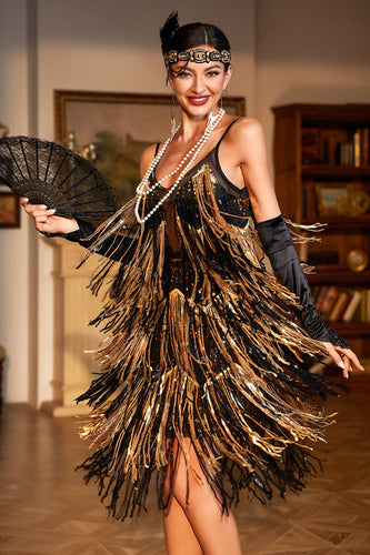 Spaghetti Straps Black Golden Party Dress with Fringes