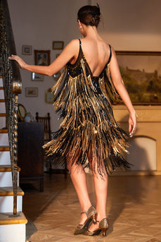 Spaghetti Straps Black Golden Party Dress with Fringes