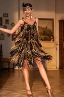 Load image into Gallery viewer, Spaghetti Straps Black Golden Party Dress with Fringes