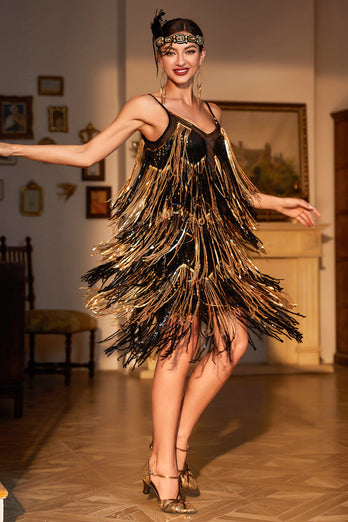 Spaghetti Straps Black Golden Party Dress with Fringes