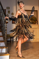 Load image into Gallery viewer, Spaghetti Straps Black Golden Party Dress with Fringes