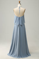 Load image into Gallery viewer, A Line Halter Neck Blue Long Bridesmaid Dress