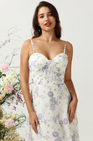 Load image into Gallery viewer, A Line Spaghetti Straps Purple Flower Printed Long Bridesmaid Dress