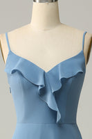 Load image into Gallery viewer, A Line Spaghetti Straps Grey Blue Long Bridesmaid Dress with Ruffles