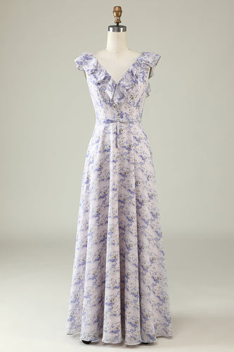 Blush Purple Flower Boho Chiffon Bridesmaid Dress
