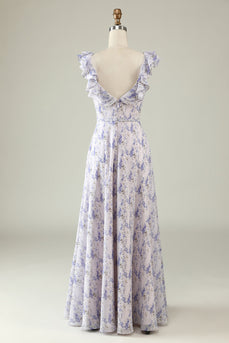 Blush Purple Flower Boho Chiffon Bridesmaid Dress