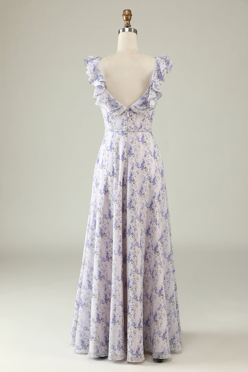 Load image into Gallery viewer, Blush Purple Flower Boho Chiffon Bridesmaid Dress
