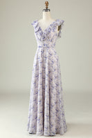 Load image into Gallery viewer, Blush Purple Flower Boho Chiffon Bridesmaid Dress