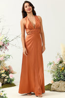 Load image into Gallery viewer, A Line Halter Neck Copper Long Bridesmaid Dress with Criss Cross Back