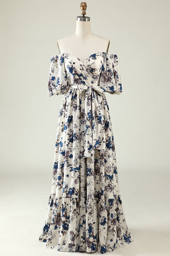 White Blue Flower Boho Bridesmaid Dress