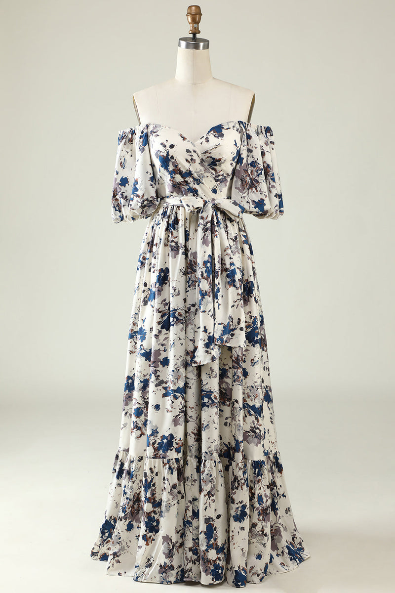Load image into Gallery viewer, White Blue Flower Boho Bridesmaid Dress