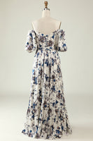 Load image into Gallery viewer, White Blue Flower Boho Bridesmaid Dress