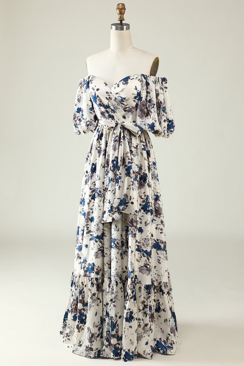 Load image into Gallery viewer, White Blue Flower Boho Bridesmaid Dress