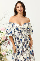 Load image into Gallery viewer, White Blue Flower Boho Bridesmaid Dress