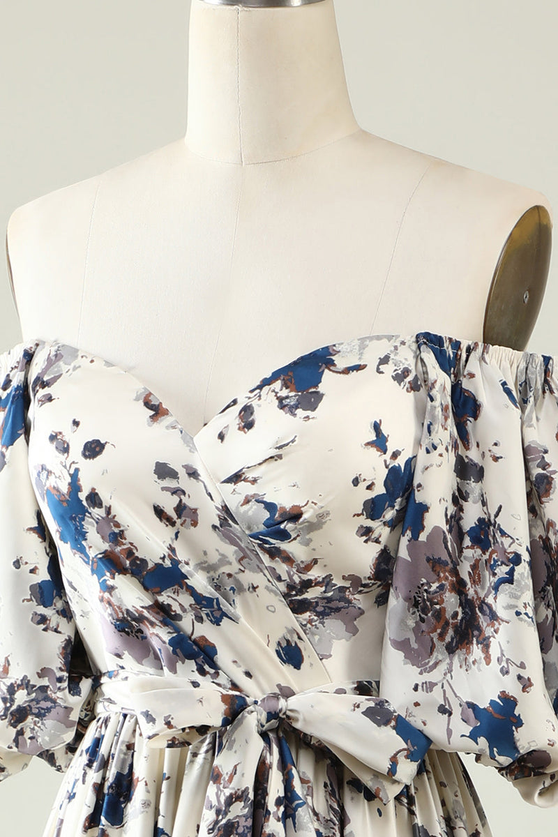 Load image into Gallery viewer, White Blue Flower Boho Bridesmaid Dress