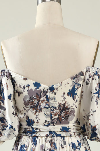 White Blue Flower Boho Bridesmaid Dress