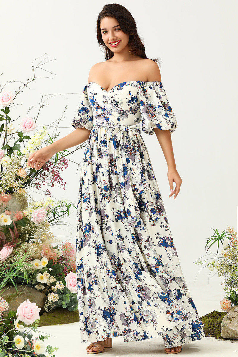 Load image into Gallery viewer, White Blue Flower Boho Bridesmaid Dress
