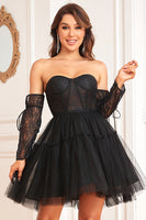 Load image into Gallery viewer, A Line Sweetheart Black Graduation Dress with Lace Sleeves