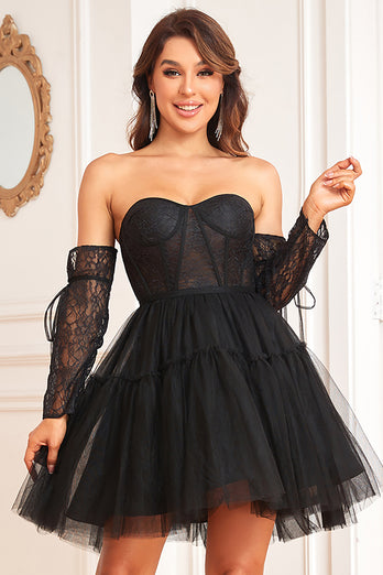 A Line Sweetheart Black Graduation Dress with Lace Sleeves