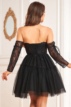 A Line Sweetheart Black Graduation Dress with Lace Sleeves