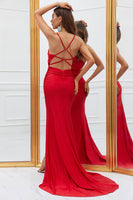 Load image into Gallery viewer, Mermaid Spaghetti Straps Red Long Prom Dress with Criss Cross Back