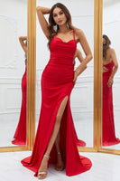 Load image into Gallery viewer, Mermaid Spaghetti Straps Red Long Prom Dress with Criss Cross Back