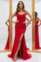 Load image into Gallery viewer, Mermaid Spaghetti Straps Red Long Prom Dress with Criss Cross Back