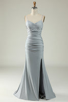 Load image into Gallery viewer, Mermaid Spaghetti Straps Grey Satin Prom Dress with Slit