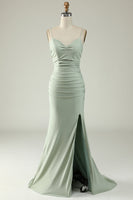 Load image into Gallery viewer, Mermaid Spaghetti Straps Grey Satin Prom Dress with Slit