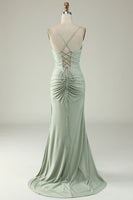 Load image into Gallery viewer, Mermaid Spaghetti Straps Grey Satin Prom Dress with Slit