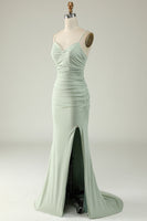 Load image into Gallery viewer, Mermaid Spaghetti Straps Grey Satin Prom Dress with Slit