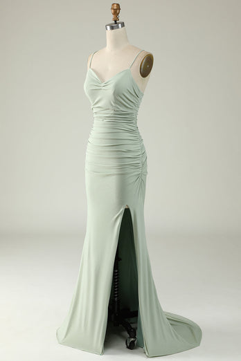 Mermaid Spaghetti Straps Grey Satin Prom Dress with Slit