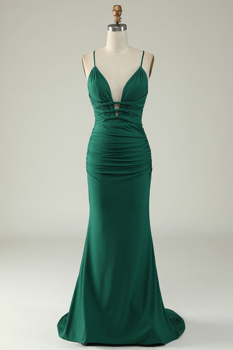 Load image into Gallery viewer, Mermaid Spaghetti Straps Royal Blue Plus Size Prom Dress with Criss Cross Back